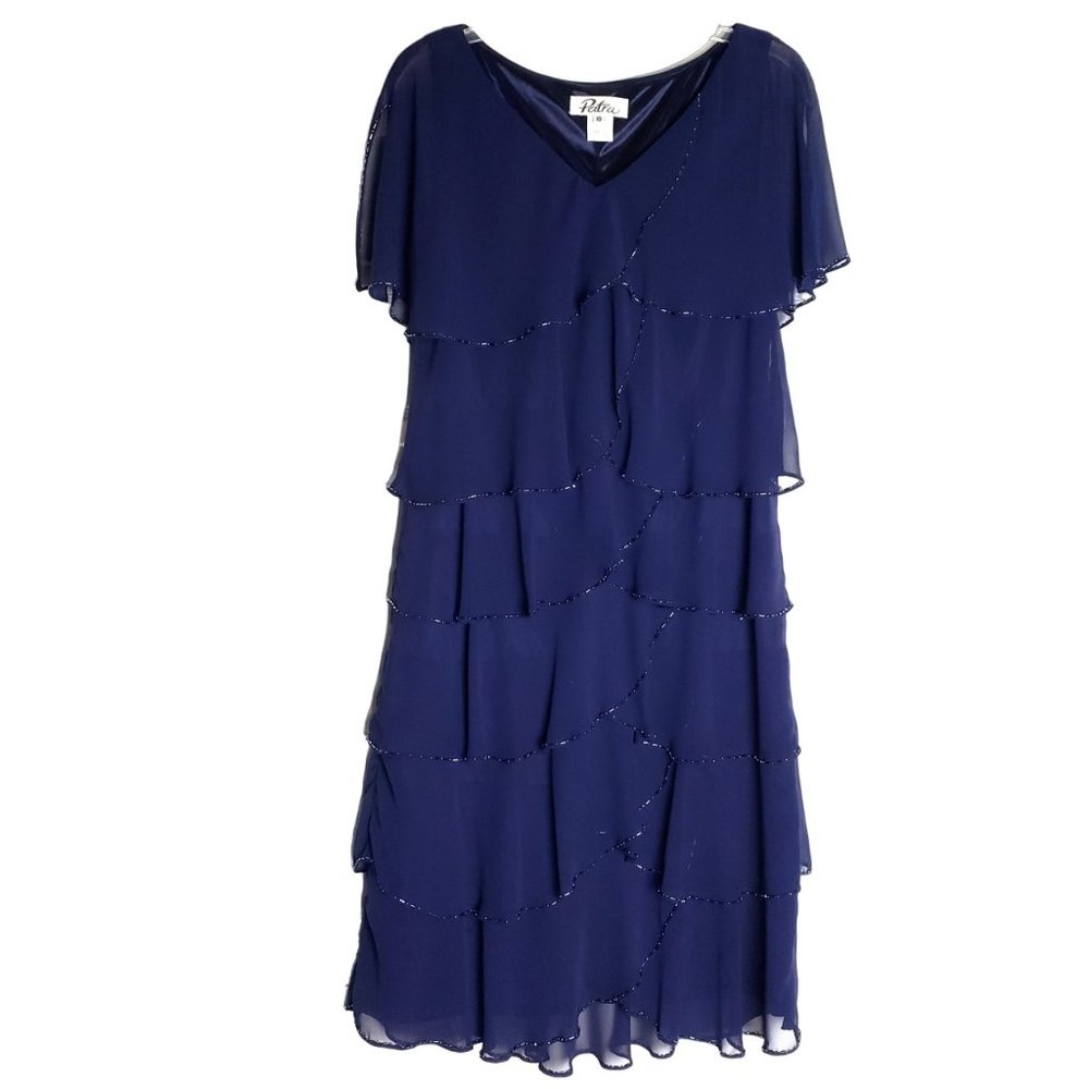 Patra Navy Chiffon Tiered Beaded Pull On Flutter Sleeve Dress 10